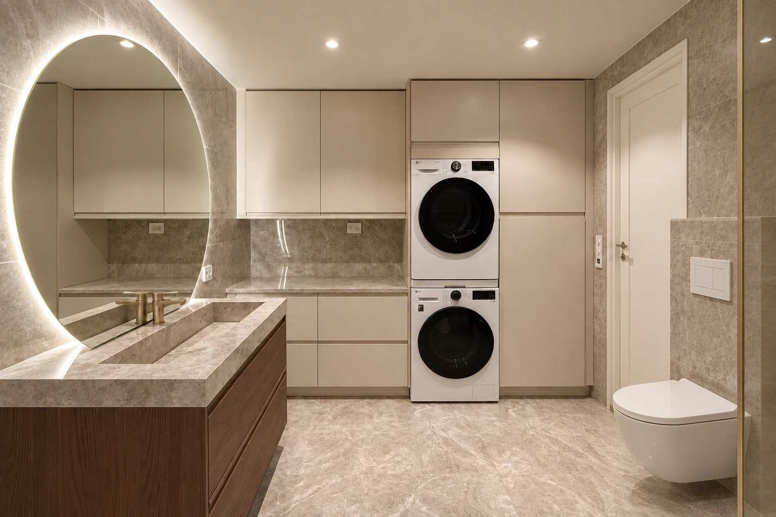 Badet etter renovering, med steinfliser, servant og vegghengt toalett